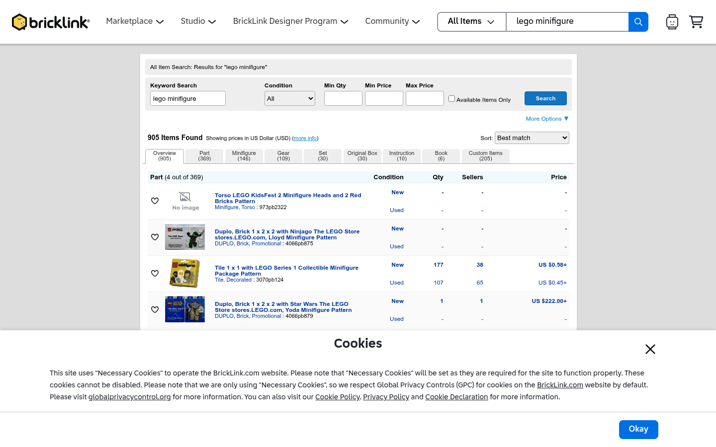BrickLink screenshot BrickLink search screenshot for LEGO reseller marketplace comparison