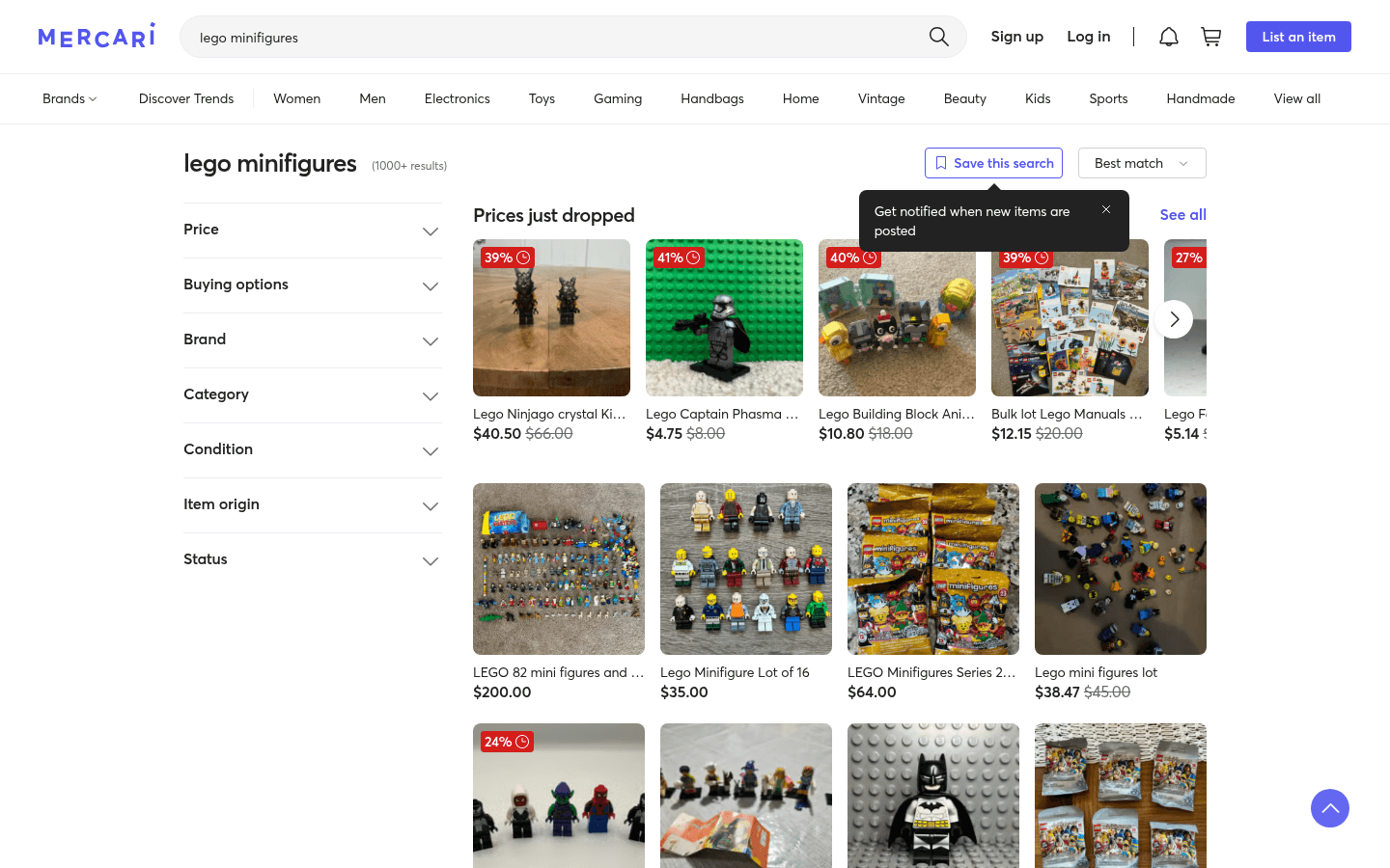 Mercari screenshot Mercari LEGO minifigure search screenshot for marketplace comparison