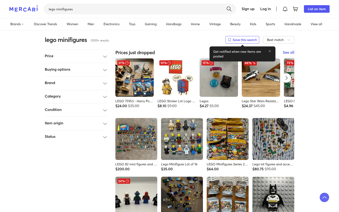 Mercari screenshot Mercari LEGO minifigure search screenshot for marketplace comparison