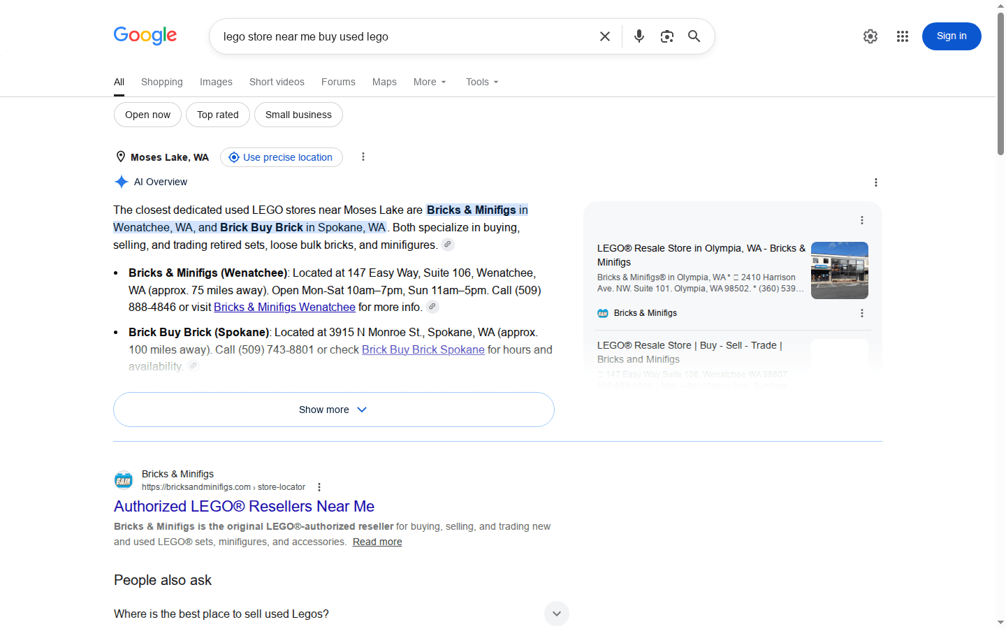 Local Stores screenshot Local store search screenshot for selling used LEGO locally