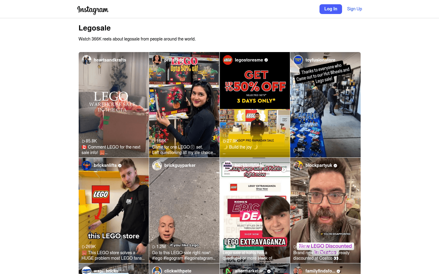 Instagram and Communities screenshot Instagram LEGO sale hashtag screenshot for social selling comparison