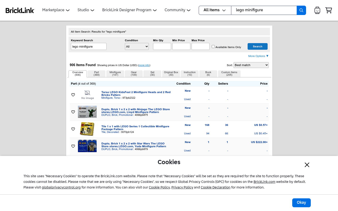 BrickLink screenshot BrickLink search results for LEGO minifigures
