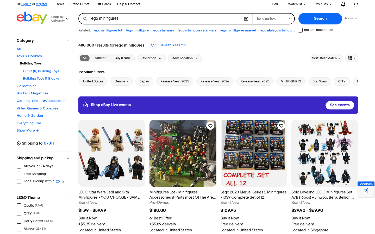 eBay LEGO minifigure search results