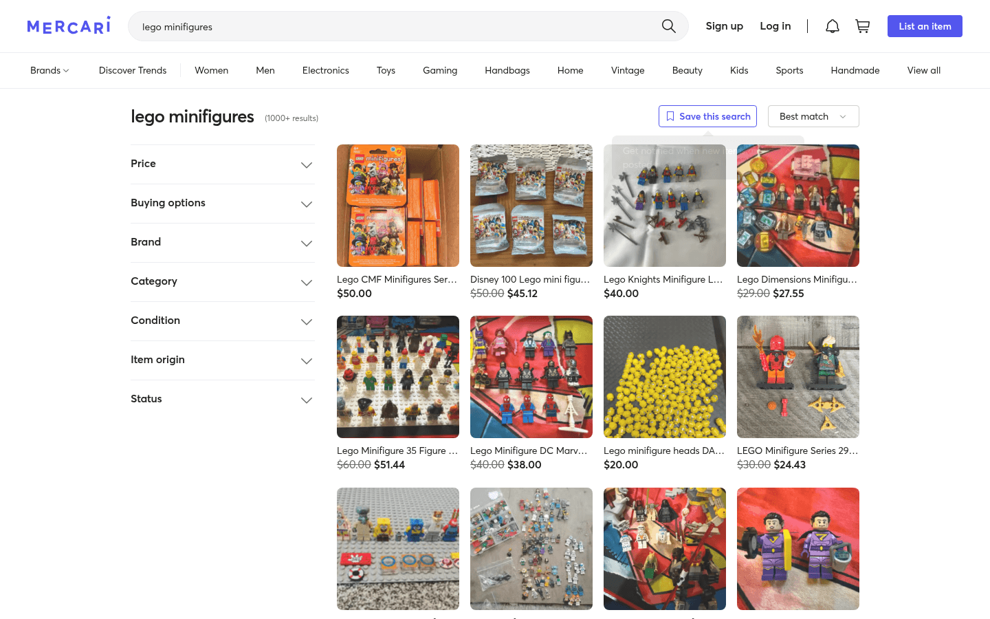 Mercari LEGO minifigure search results