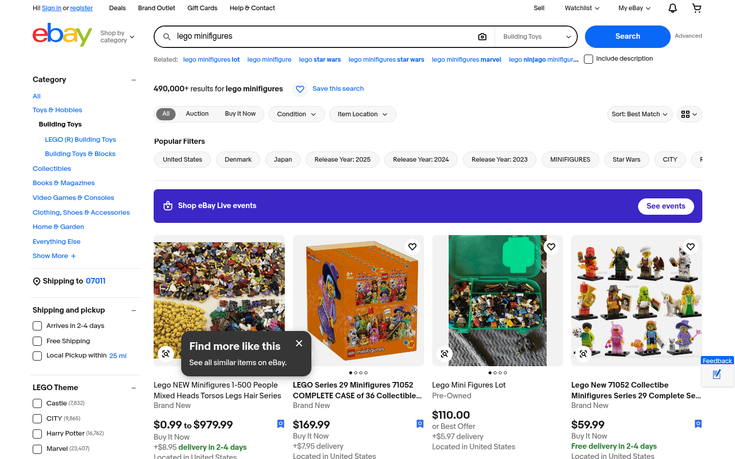 eBay LEGO minifigure search results