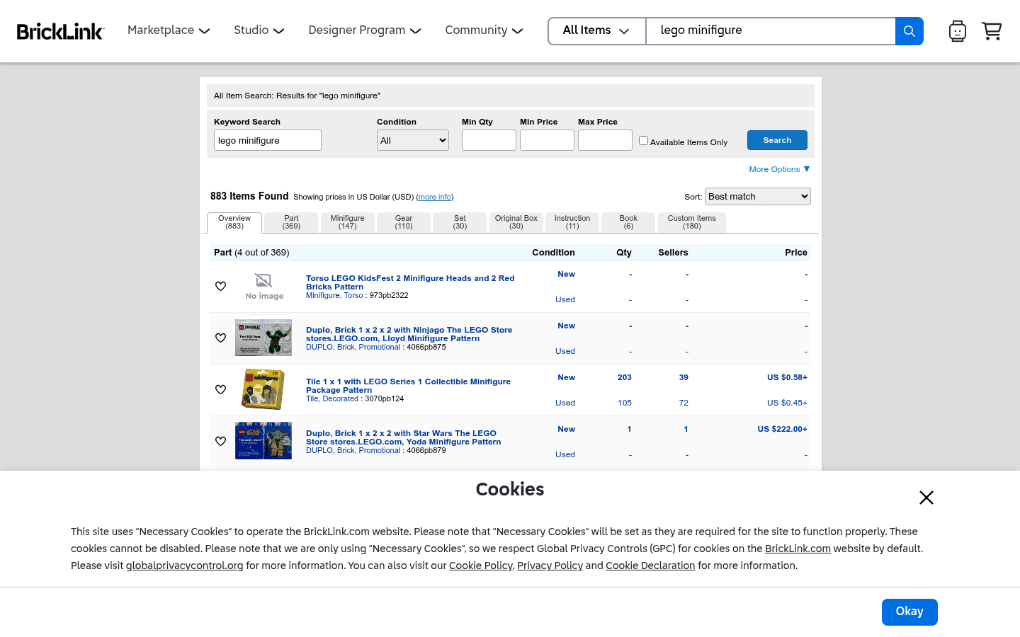 BrickLink search results for LEGO minifigures