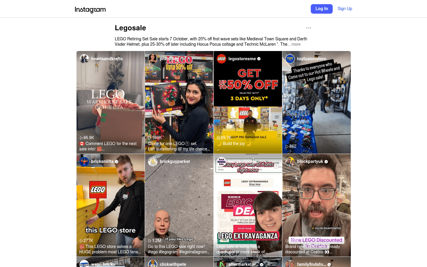 Instagram LEGO sale hashtag explore page