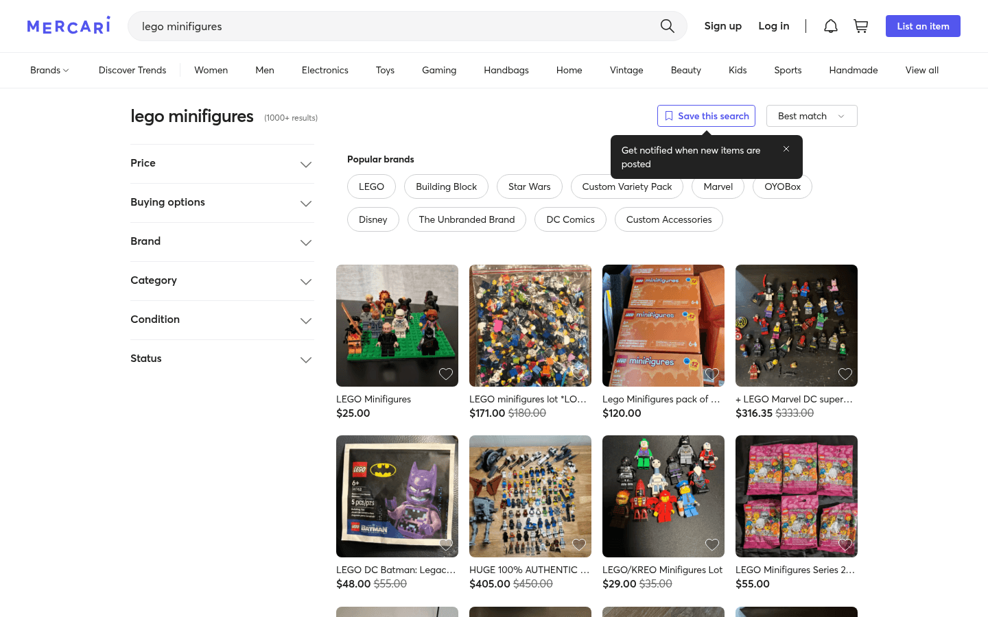 Mercari LEGO minifigure search results