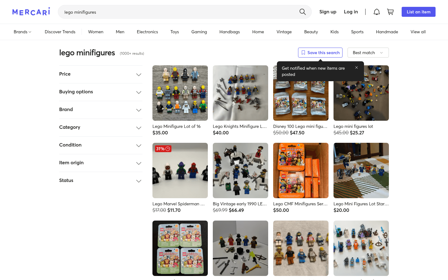 Mercari LEGO minifigure search results