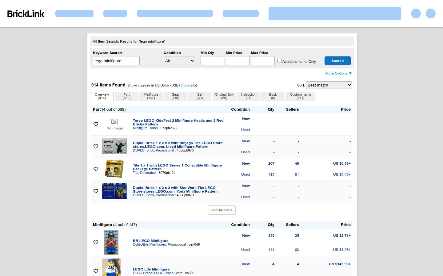 BrickLink screenshot BrickLink search results for LEGO minifigures