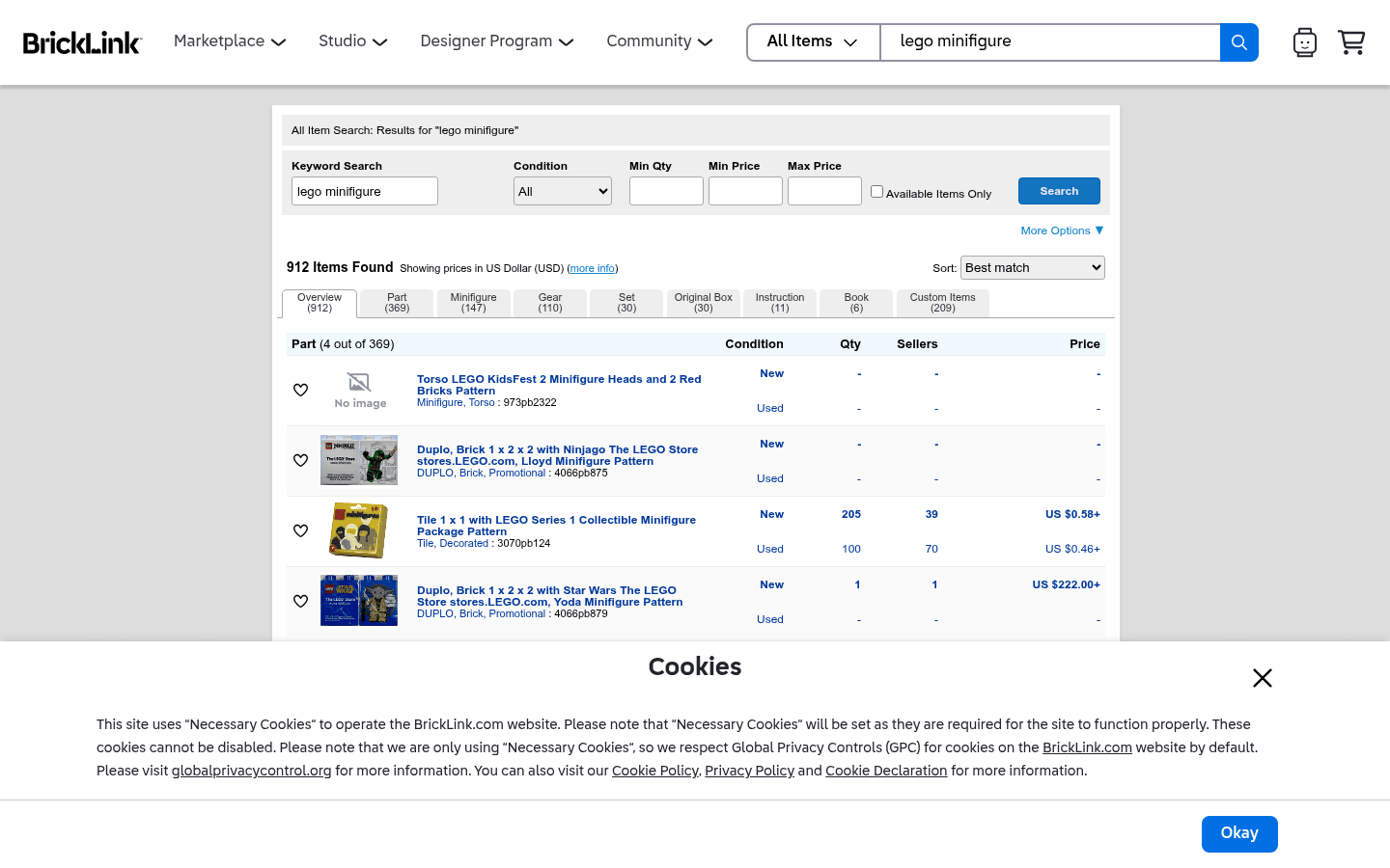 BrickLink search results for LEGO minifigures