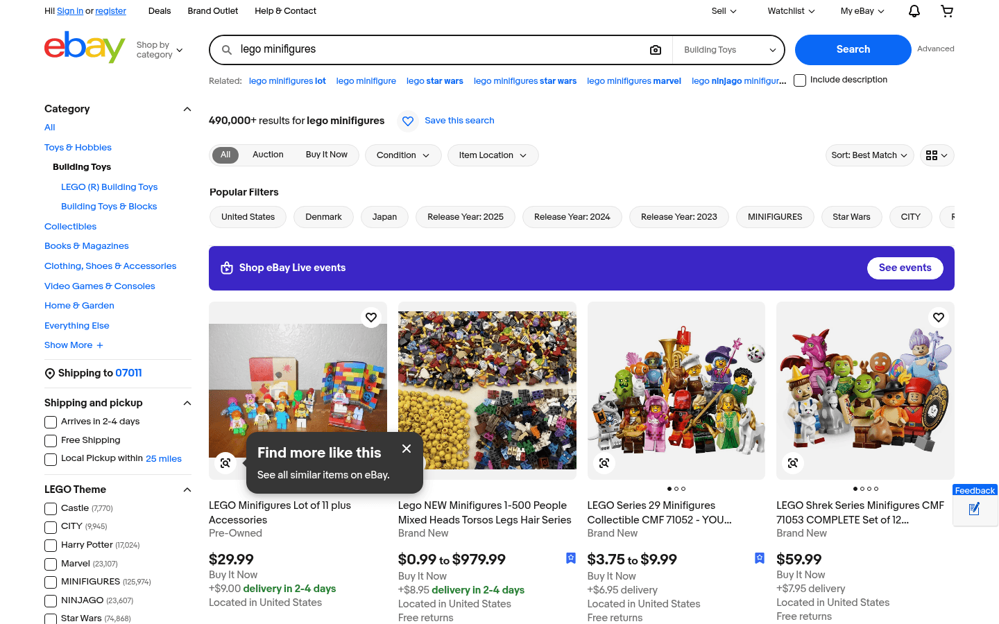 eBay LEGO minifigure search results